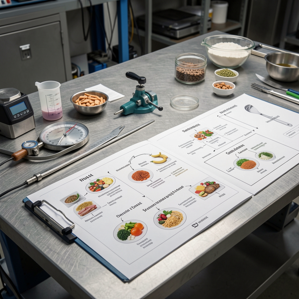 Nutritional documentation spread across an industrial worktable with measuring instruments and annotated meal composition charts under studio lighting