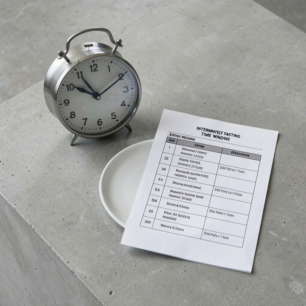 Clock and empty plate on a clean concrete surface representing intermittent fasting time windows with annotated eating schedule document